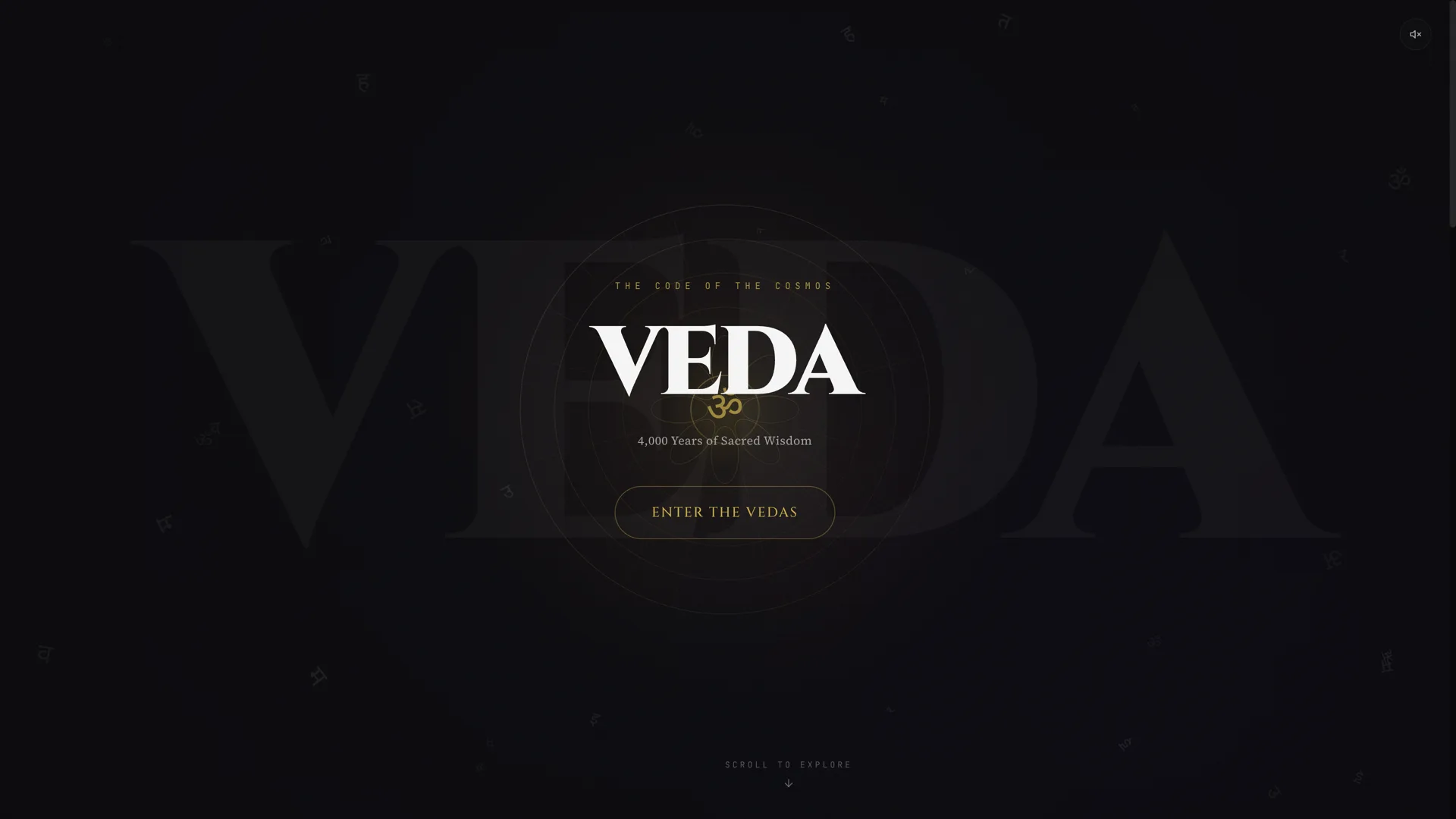 Public Rig Veda Explorer landing: dark field, large VEDA title, concentric rings, and an Enter the Vedas control