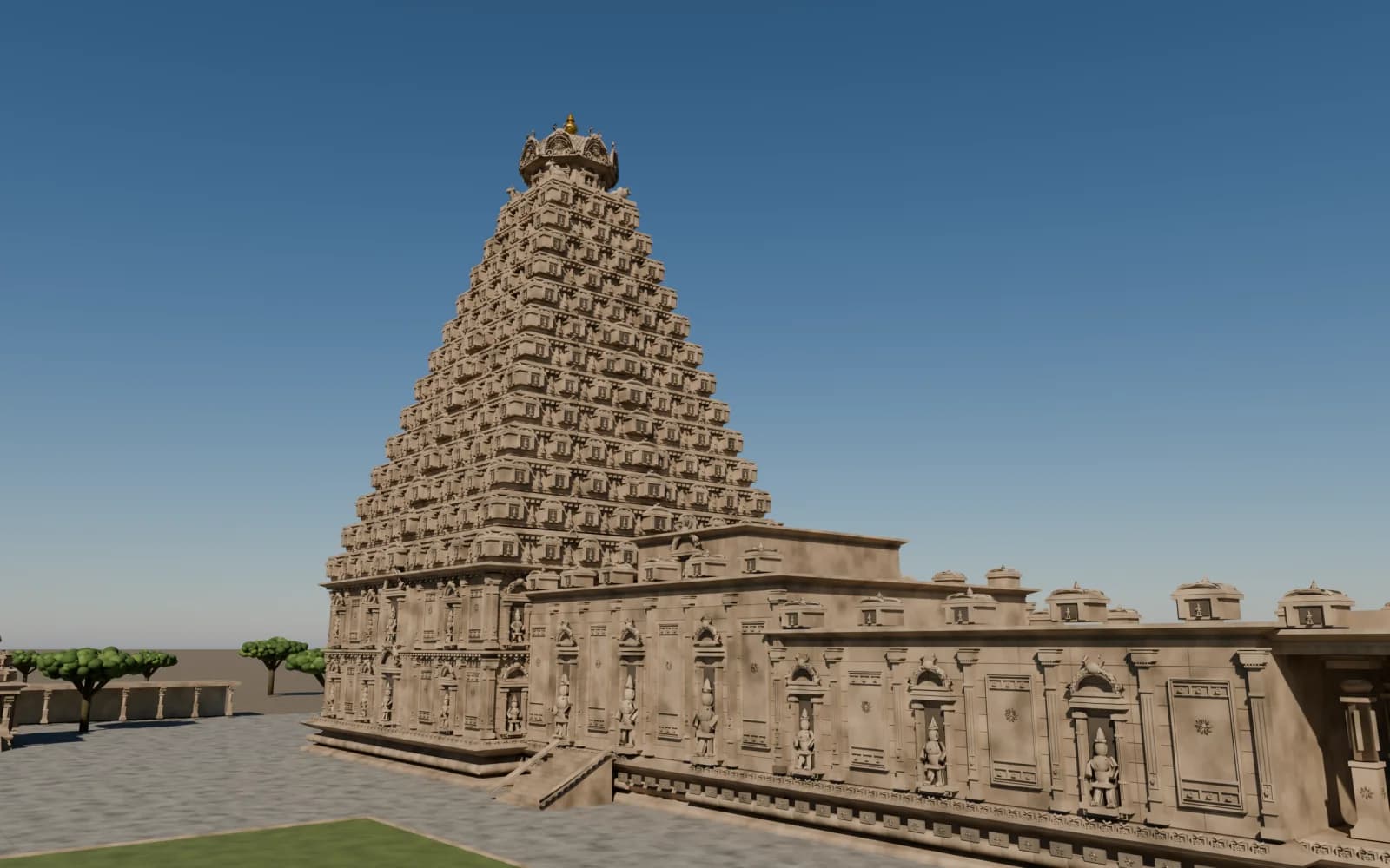 Original 3D temple reconstruction with a tall tiered stone tower, courtyard and blue sky